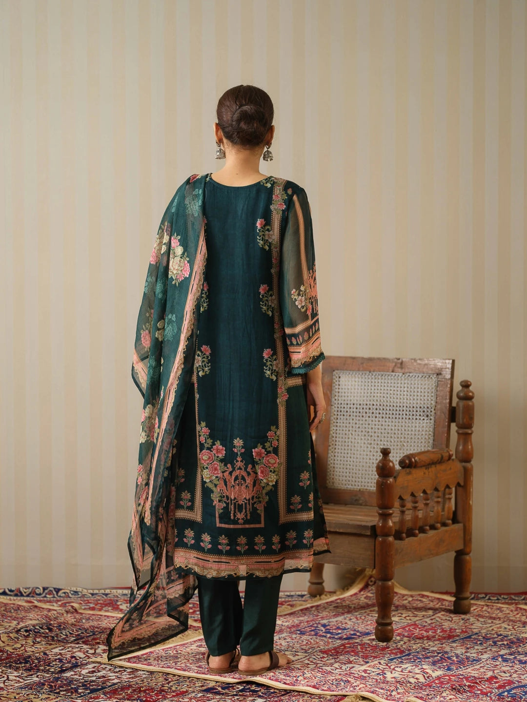 Oraganza Fabric Green Colour Top Bottom Dupatta Set