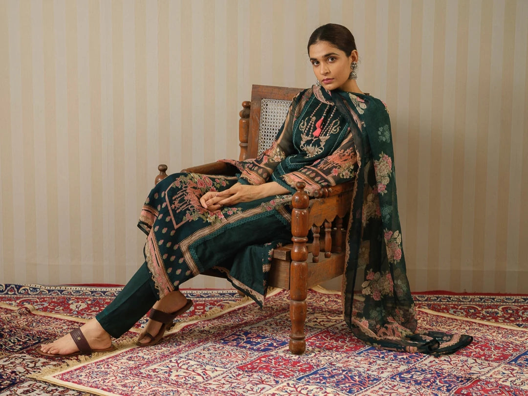 Oraganza Fabric Green Colour Top Bottom Dupatta Set