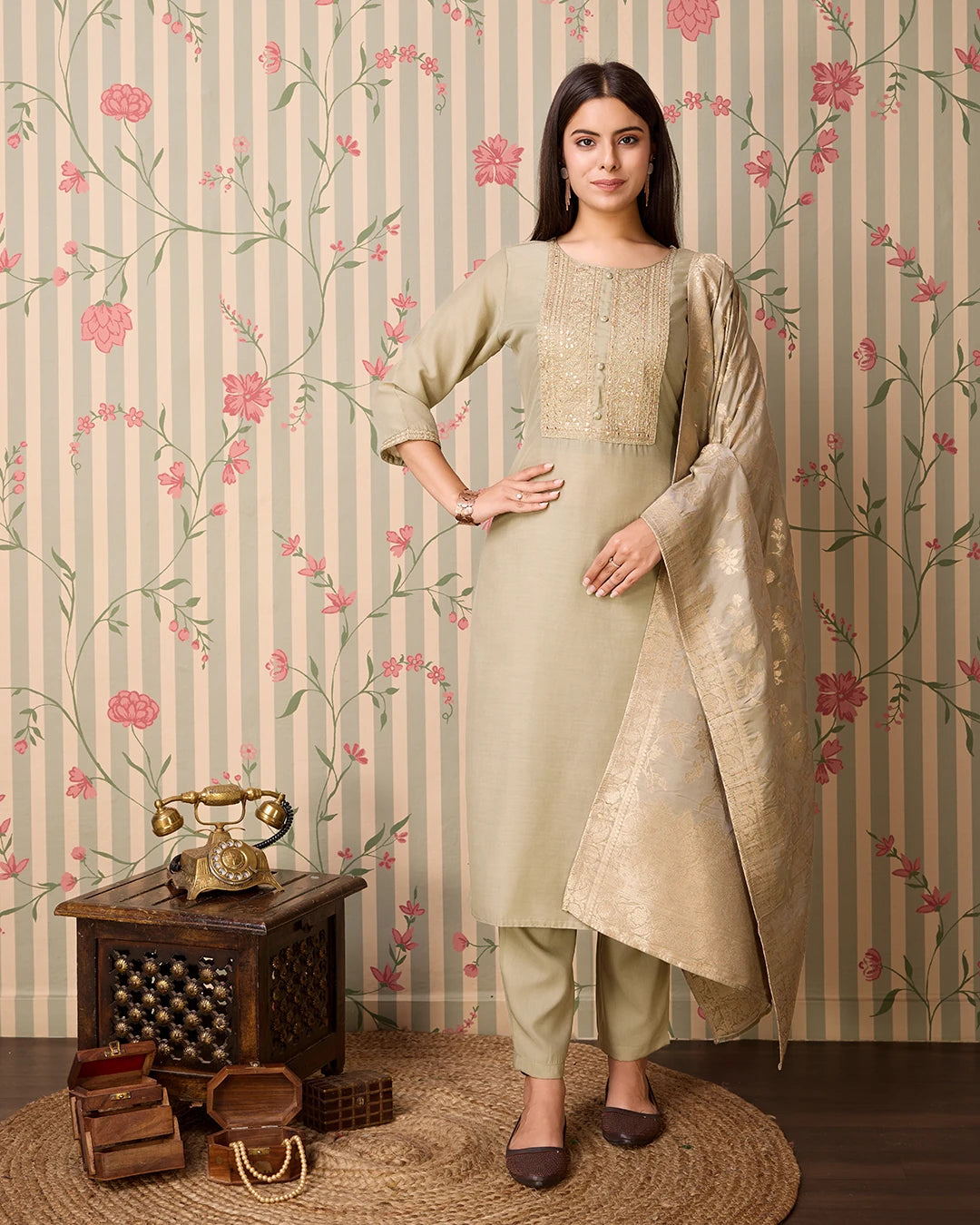 Chinon Silk Fabric Olive Colour Top Bottom Dupatta Set-MLWSHKS4351OLV