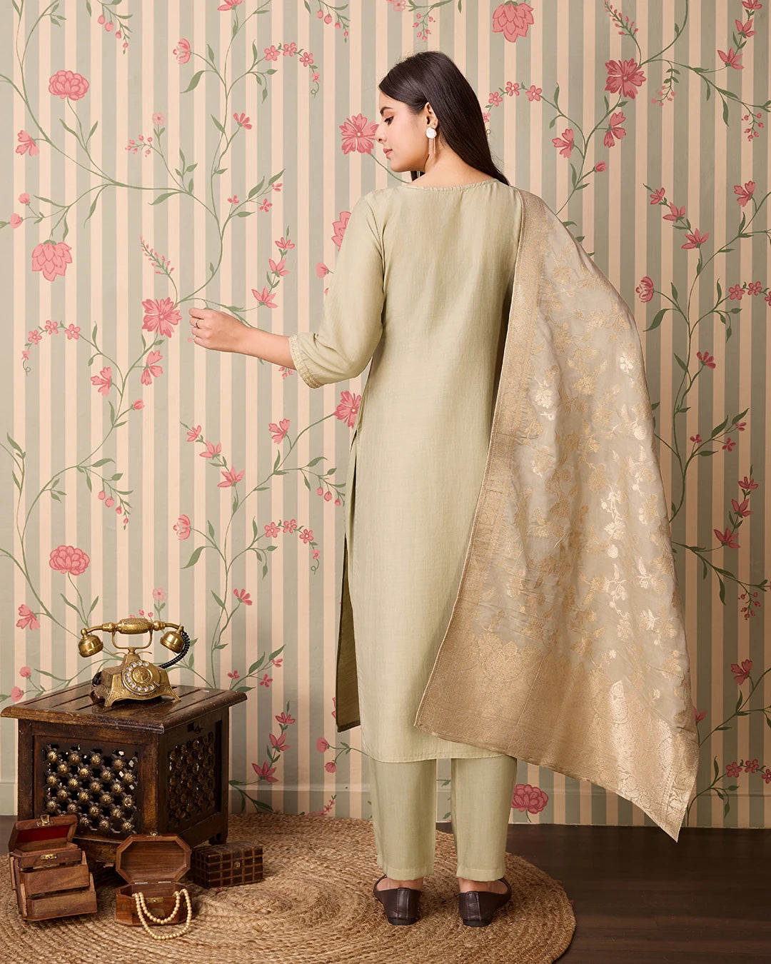Chinon Silk Fabric Olive Colour Top Bottom Dupatta Set
