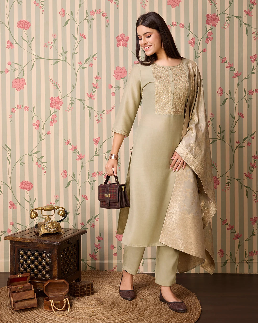 Chinon Silk Fabric Olive Colour Top Bottom Dupatta Set