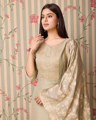 Chinon Silk Fabric Olive Colour Top Bottom Dupatta Set-MLWSHKS4351OLV