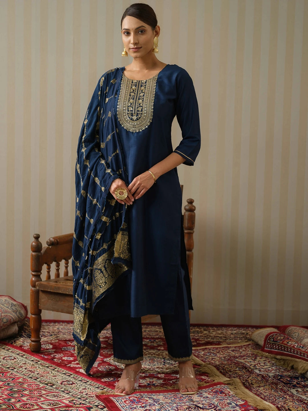 Chinon Silk Fabric Navy Blue Colour Top Bottom Dupatta Set-MLWSHKS4352MBL