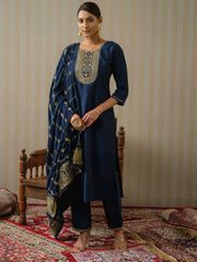 Chinon Silk Fabric Navy Blue Colour Top Bottom Dupatta Set-MLWSHKS4352MBL