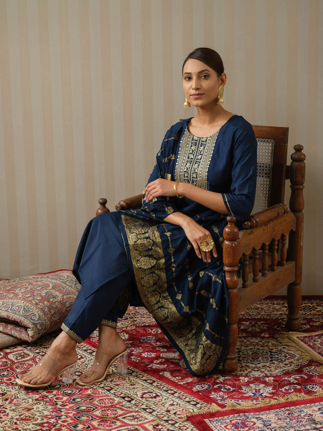 Chinon Silk Fabric Navy Blue Colour Top Bottom Dupatta Set