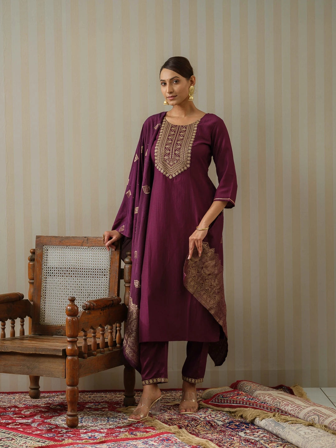 Chinon Silk Fabric Purple Colour Top Bottom Dupatta Set-MLWSHKS4353PUP