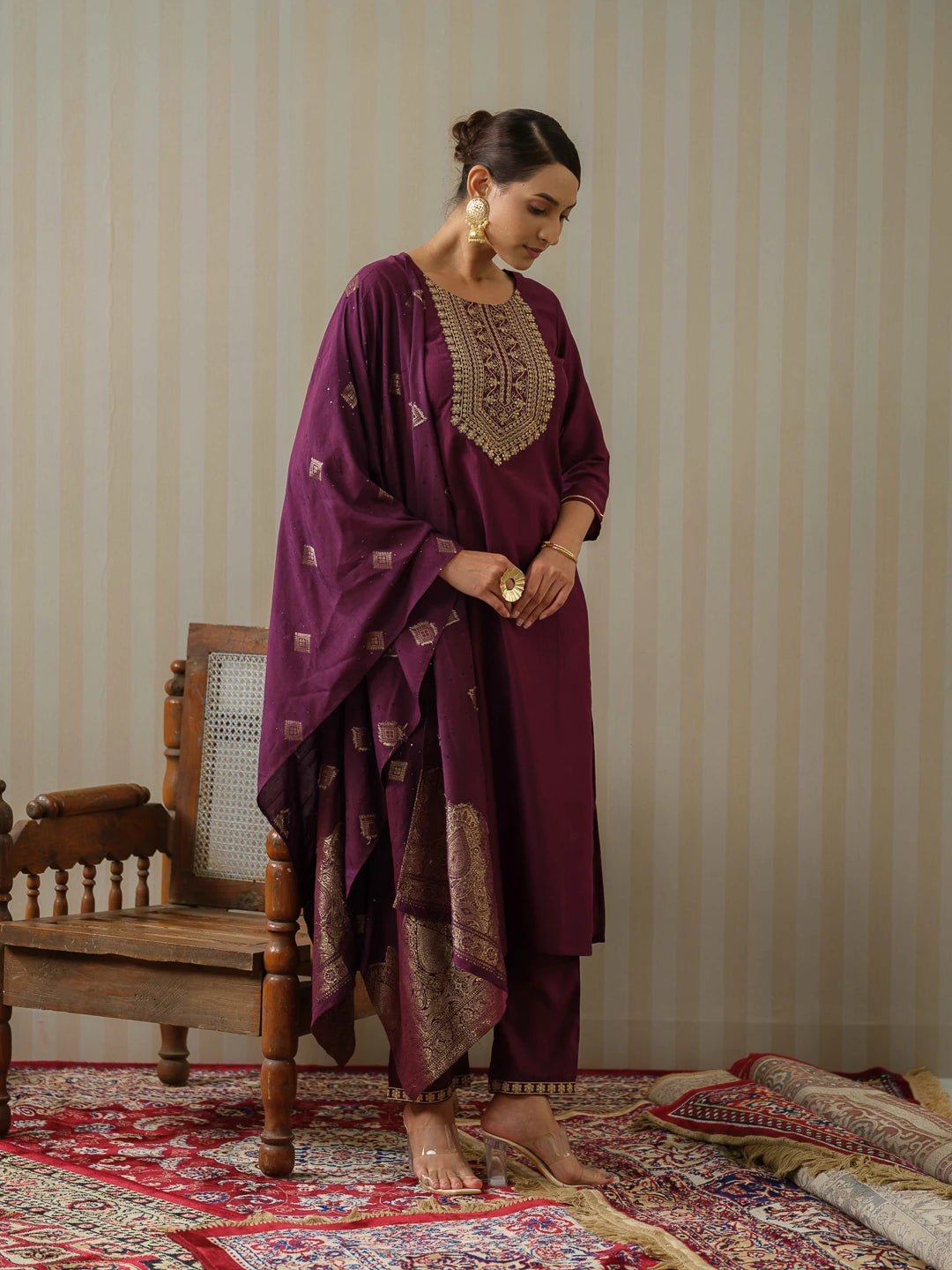 Chinon Silk Fabric Purple Colour Top Bottom Dupatta Set