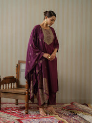 Chinon Silk Fabric Purple Colour Top Bottom Dupatta Set-MLWSHKS4353PUP