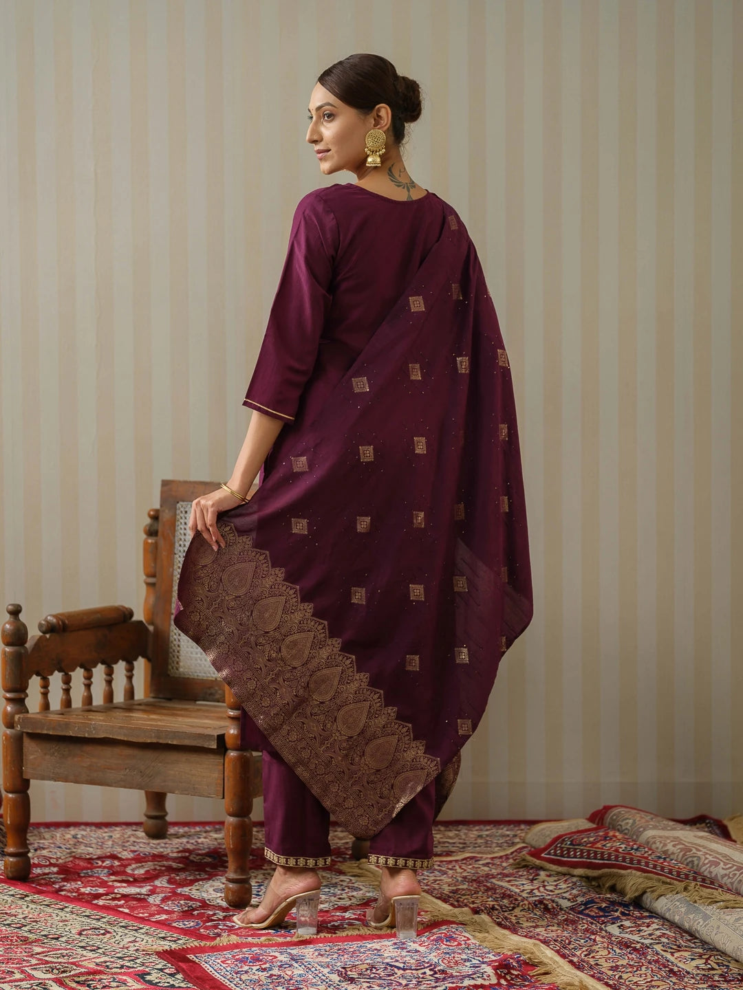 Chinon Silk Fabric Purple Colour Top Bottom Dupatta Set