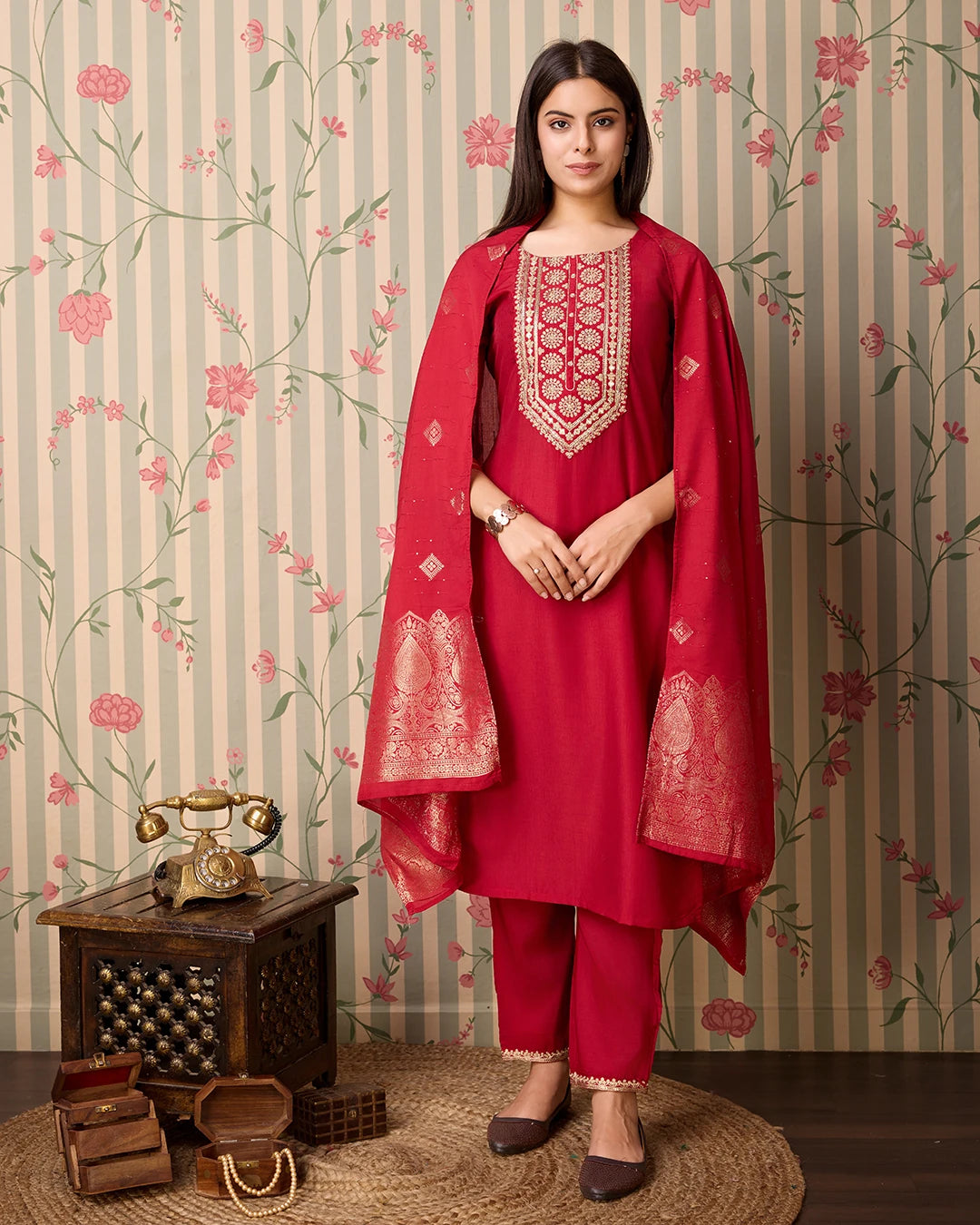 Chinon Silk Fabric Maoon Colour Top Bottom Dupatta Set