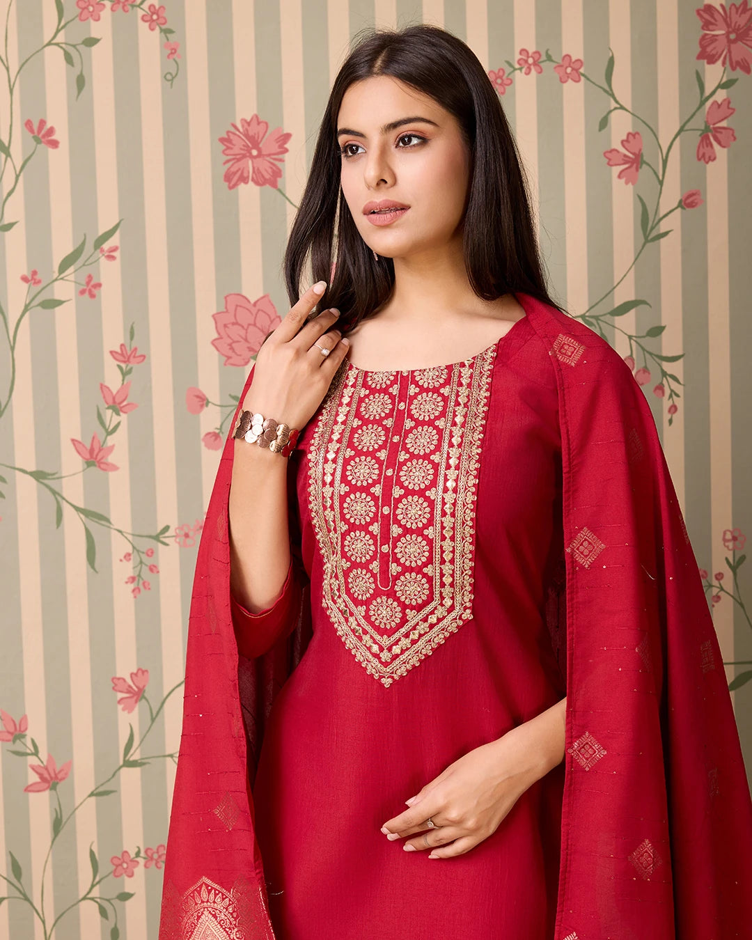 Chinon Silk Fabric Maoon Colour Top Bottom Dupatta Set