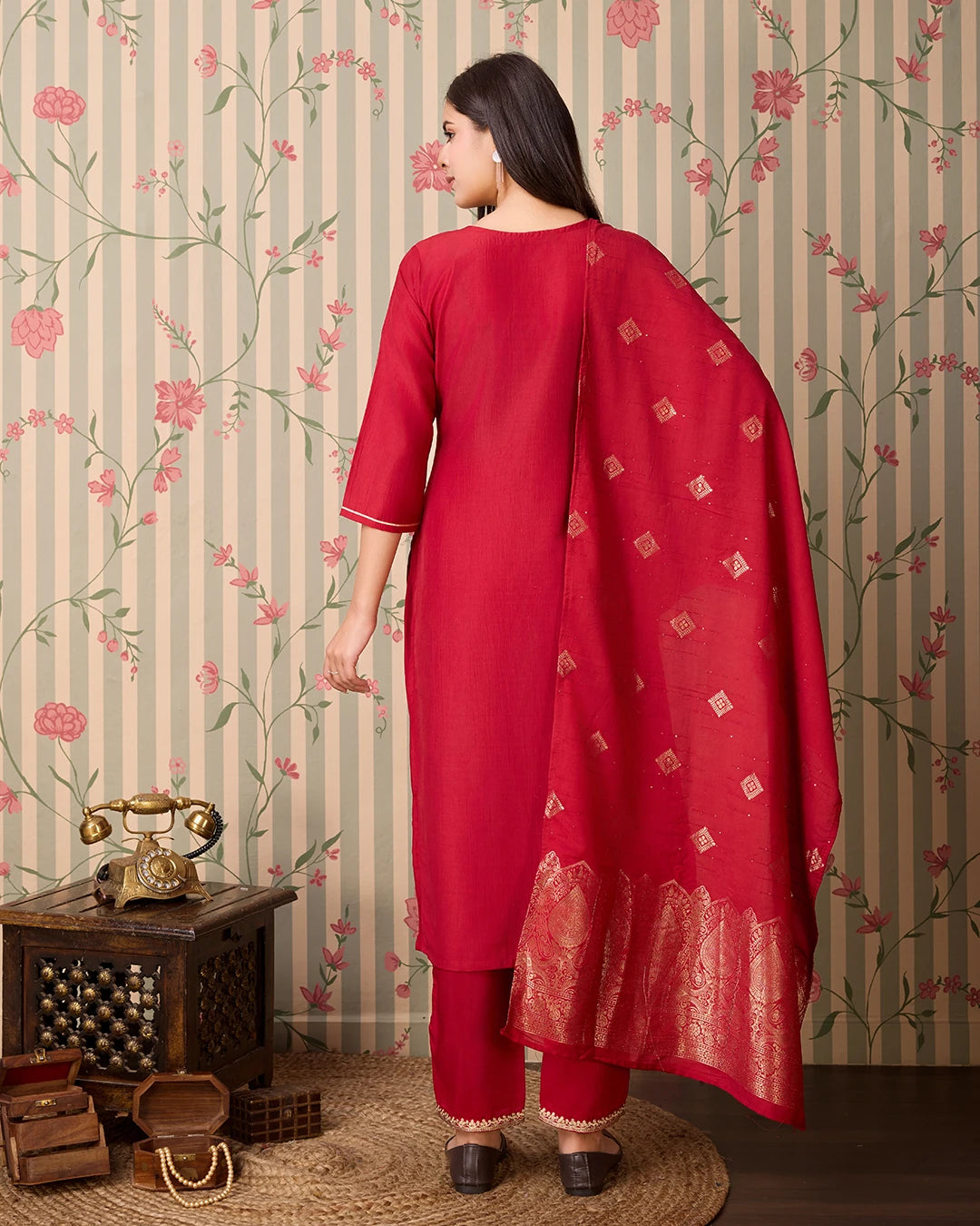 Chinon Silk Fabric Maoon Colour Top Bottom Dupatta Set