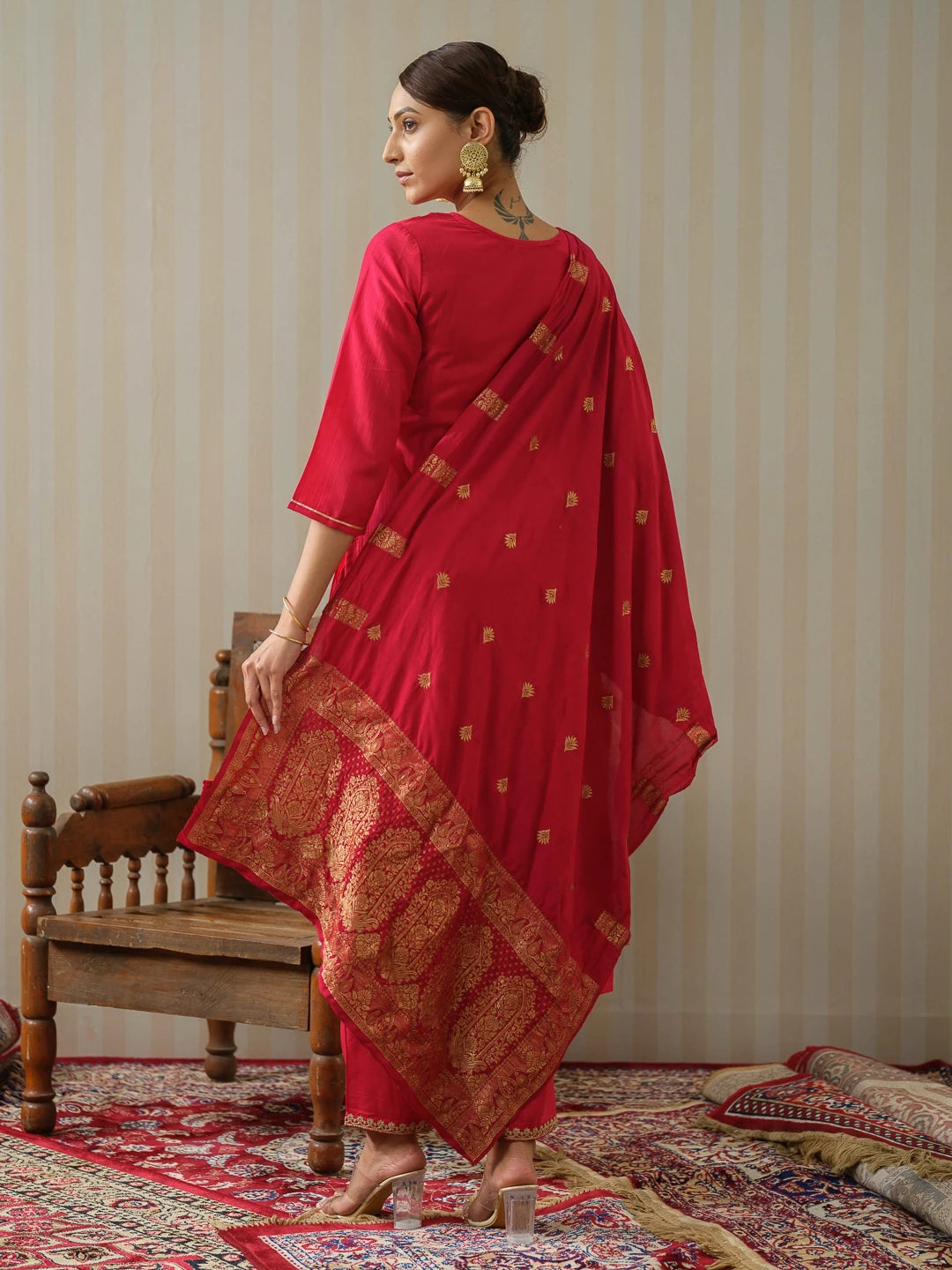 Chinon Silk Fabric Red Colour Top Bottom Dupatta Set