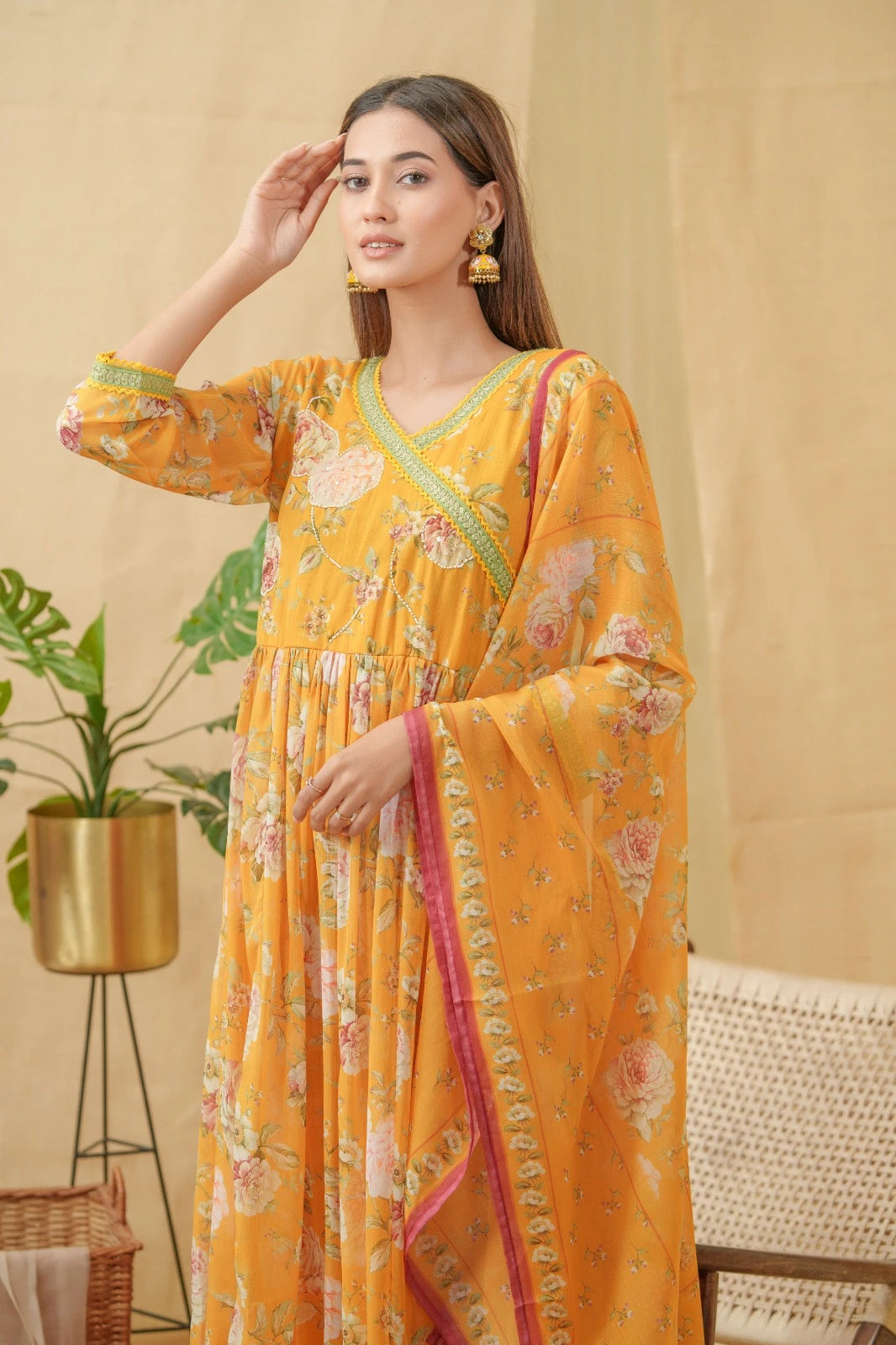 Chhifon Fabric Mustard colour Top Bottom Dupatta Set