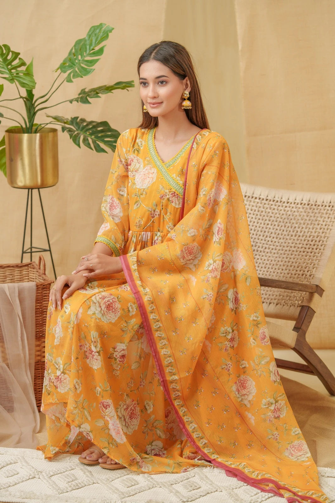 Chhifon Fabric Mustard colour Top Bottom Dupatta Set