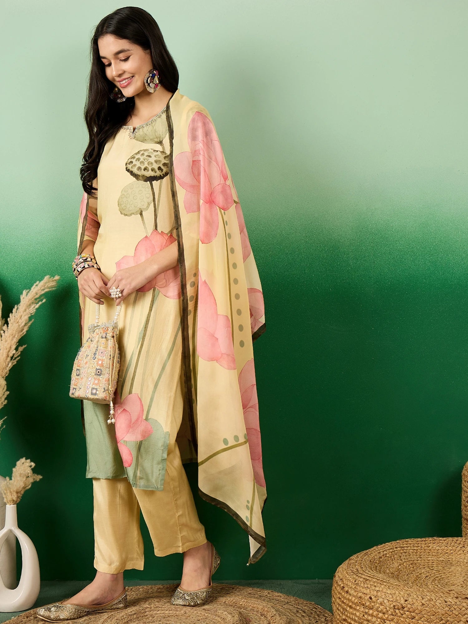 Muslin fabric Cream Colour Top Bottom Dupatta Set