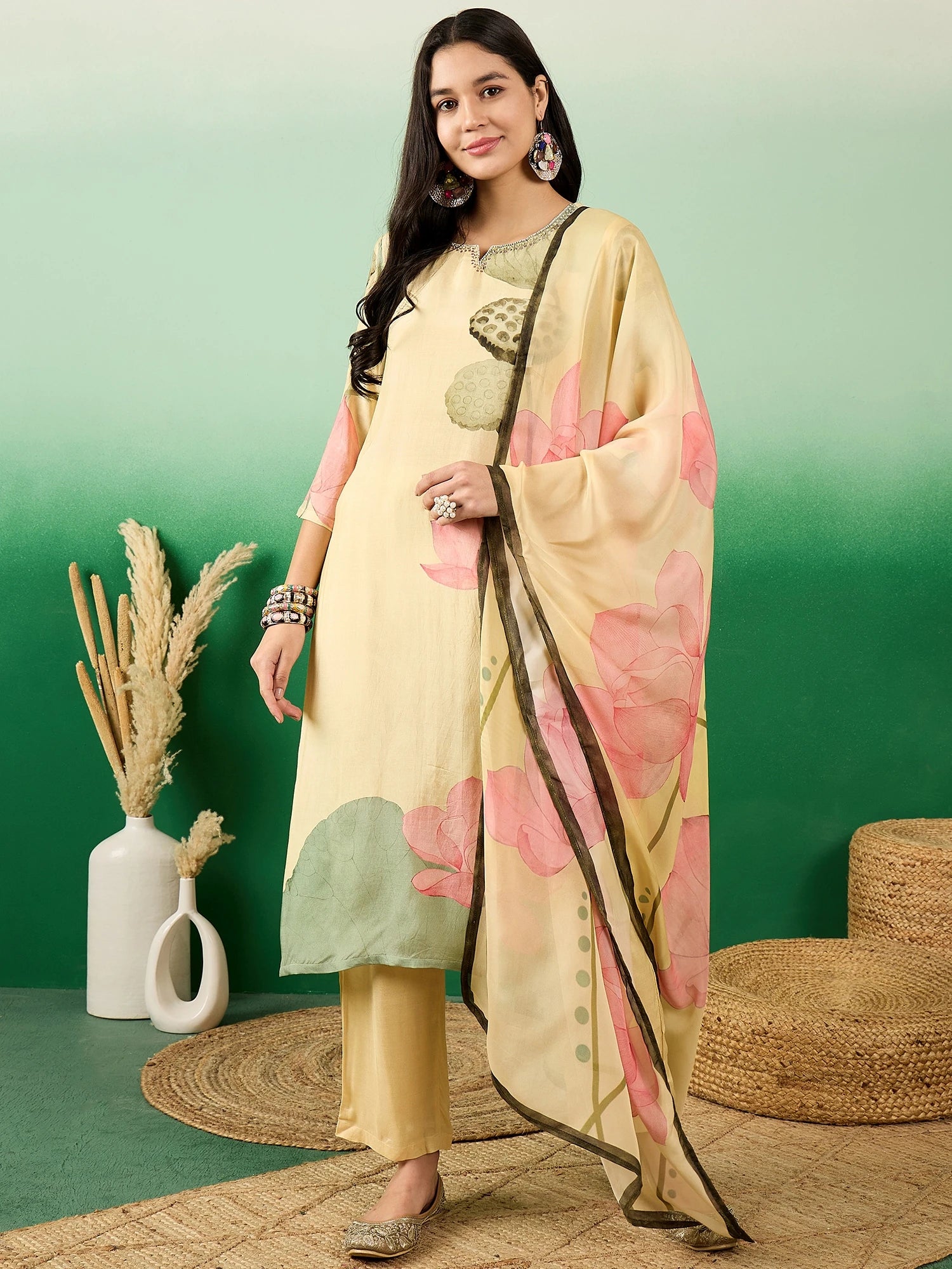 Muslin fabric Cream Colour Top Bottom Dupatta Set