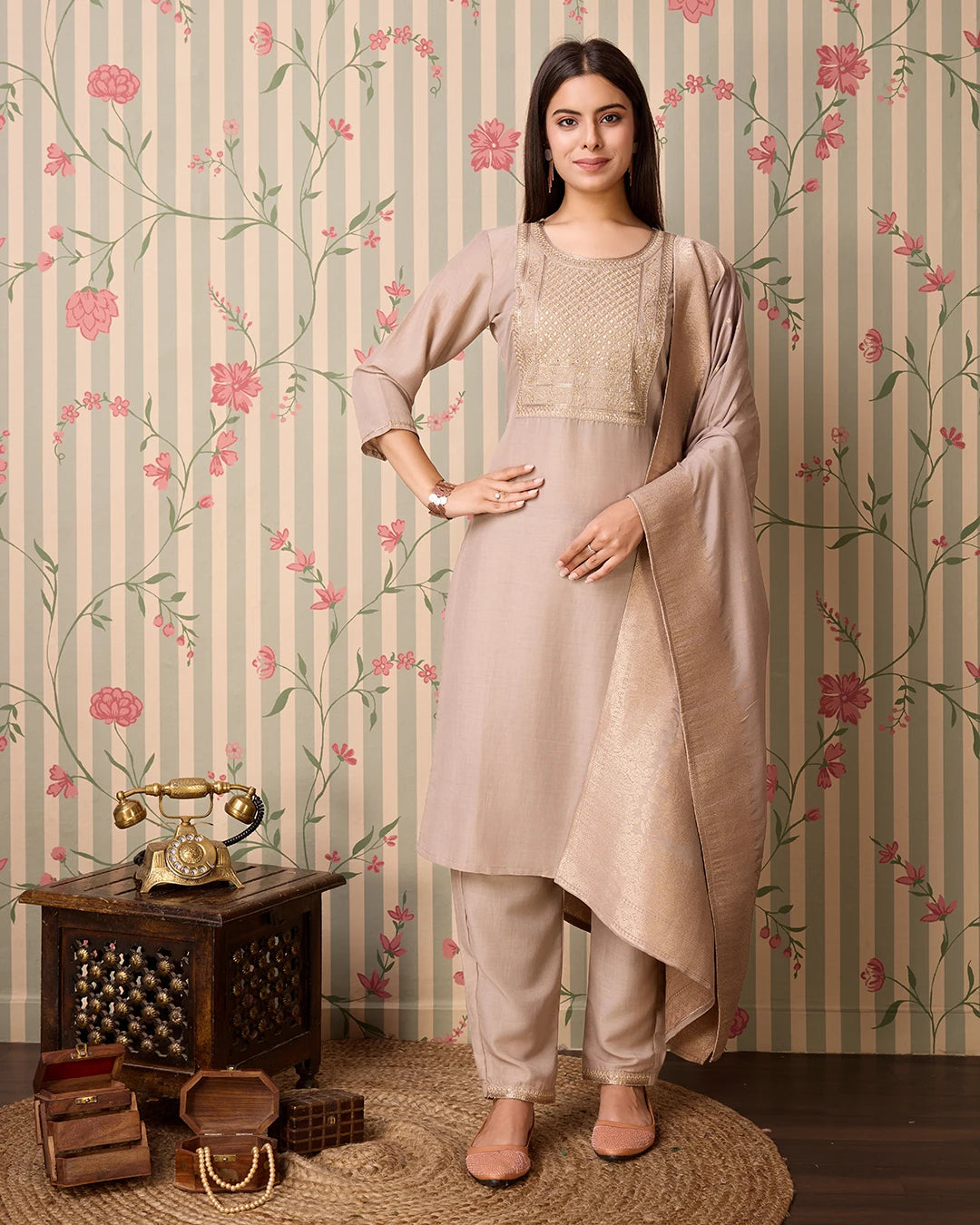 Chhifon Fabric Cream  colour Top Bottom Dupatta Set
