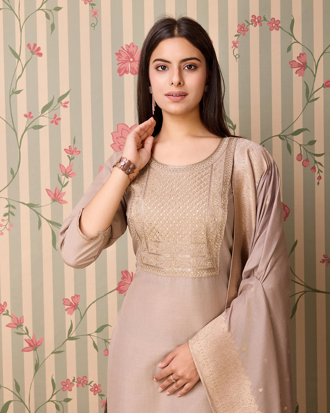 Chhifon Fabric Cream  colour Top Bottom Dupatta Set