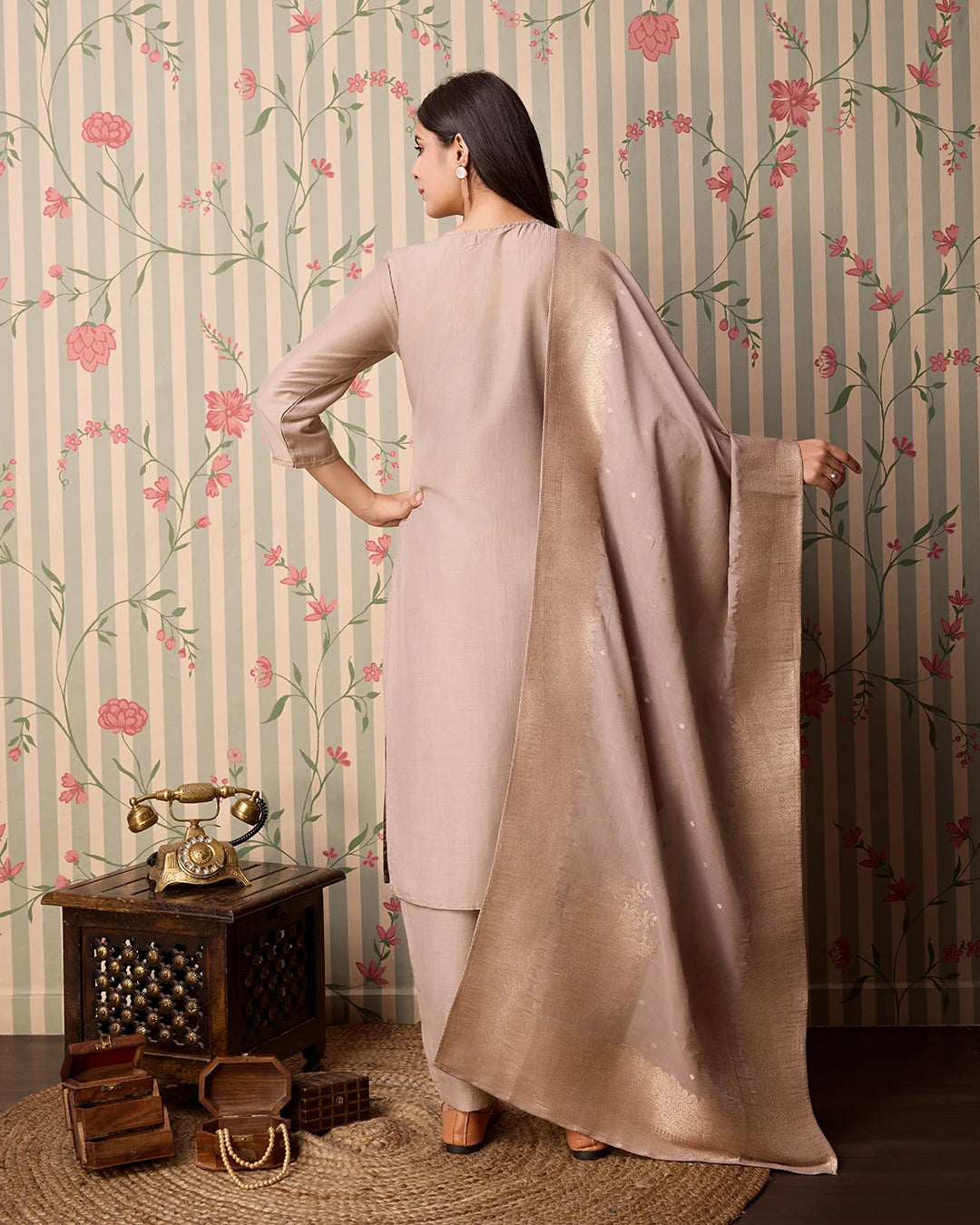 Chhifon Fabric Cream  colour Top Bottom Dupatta Set