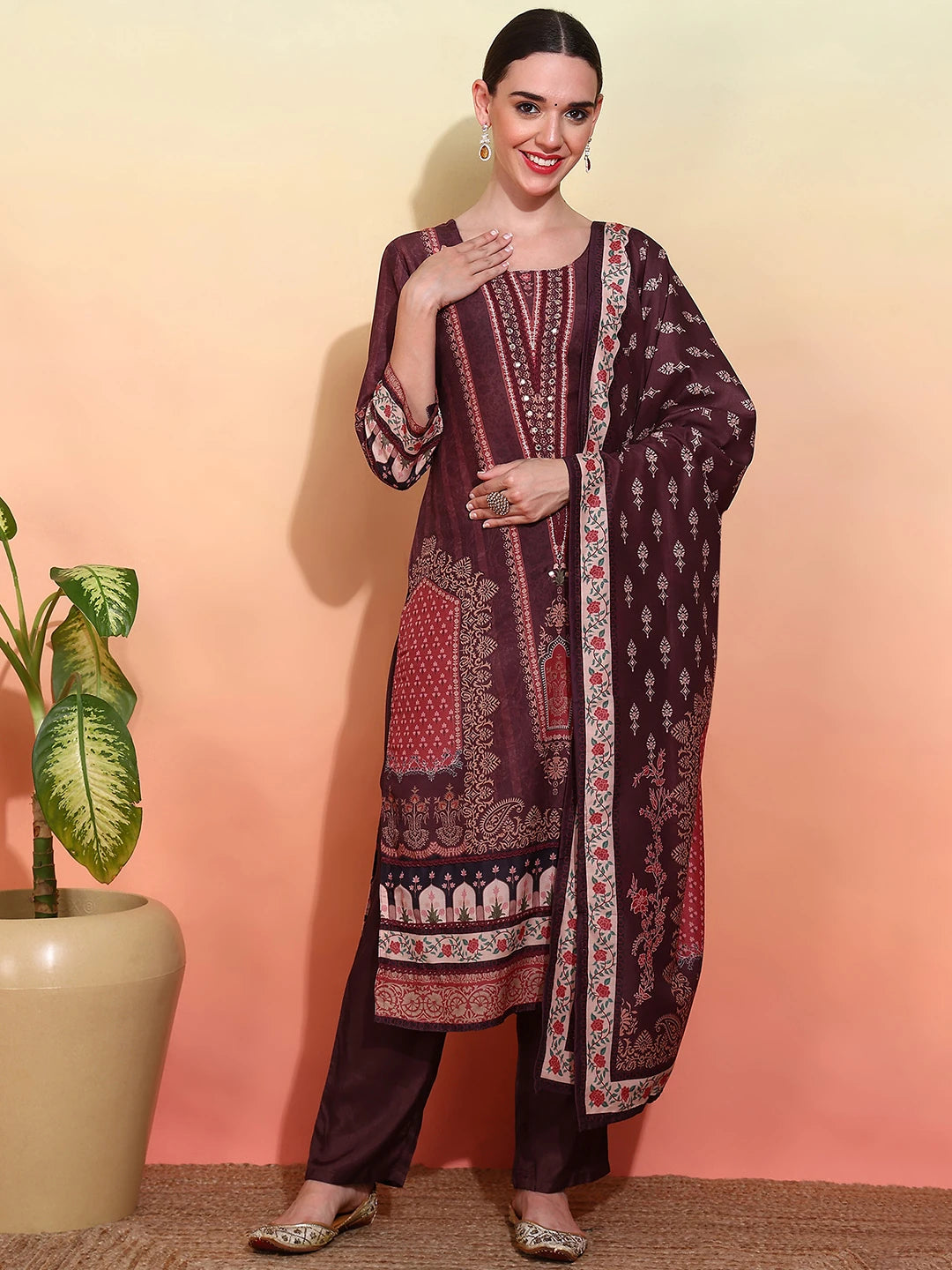 Poly Muslin Fabric Coffie Brown colour Top Bottom Dupatta Set-MLWSHKS4364CBR