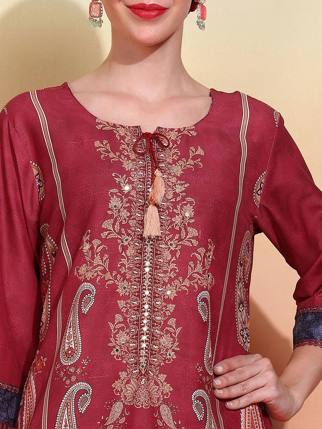 Poly Muslin Fabric Red colour Top Bottom Dupatta Set
