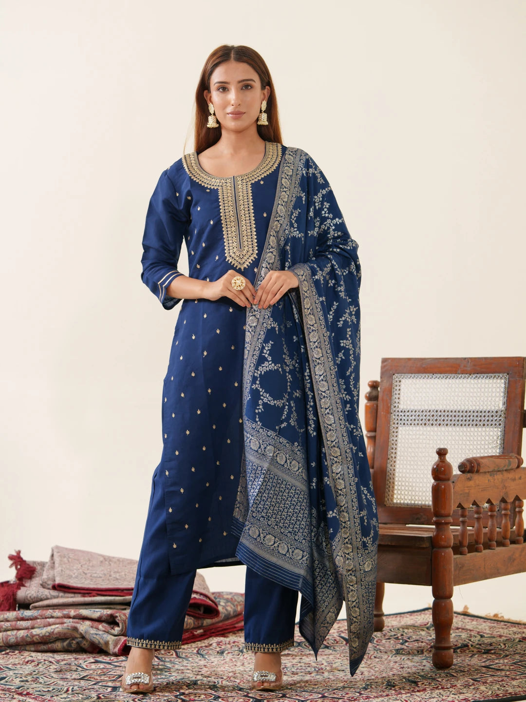Navy Blue Roman Silk Top Bottom With Jequard Dupatta Set