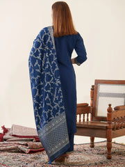 Navy Blue Roman Silk Top Bottom With Jequard Dupatta Set-MLWSHKS4367MBL