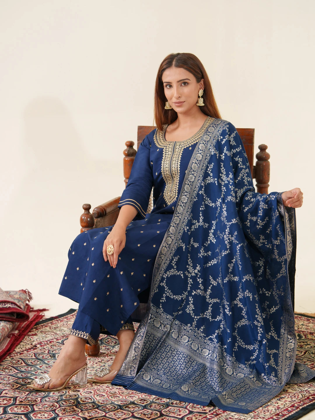 Navy Blue Roman Silk Top Bottom With Jequard Dupatta Set