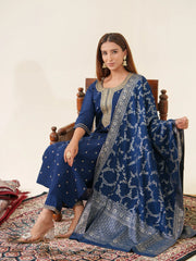 Navy Blue Roman Silk Top Bottom With Jequard Dupatta Set-MLWSHKS4367MBL