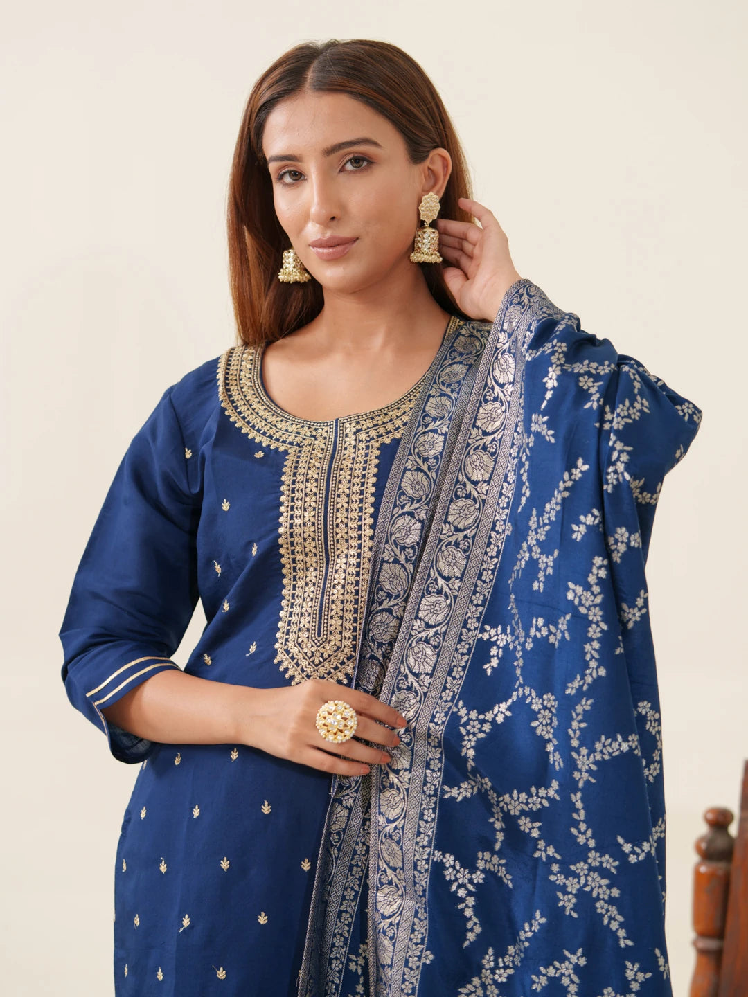 Navy Blue Roman Silk Top Bottom With Jequard Dupatta Set