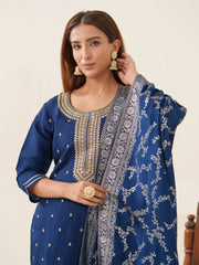 Navy Blue Roman Silk Top Bottom With Jequard Dupatta Set-MLWSHKS4367MBL