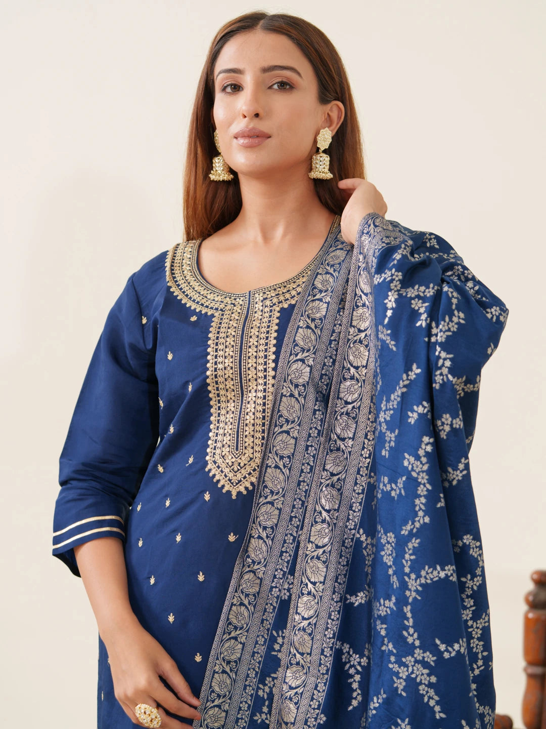 Navy Blue Roman Silk Top Bottom With Jequard Dupatta Set