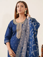 Navy Blue Roman Silk Top Bottom With Jequard Dupatta Set-MLWSHKS4367MBL