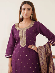 Wine Colour Roman Silk Top Bottom With Jequard Dupatta Set-MLWSHKS4368WNE
