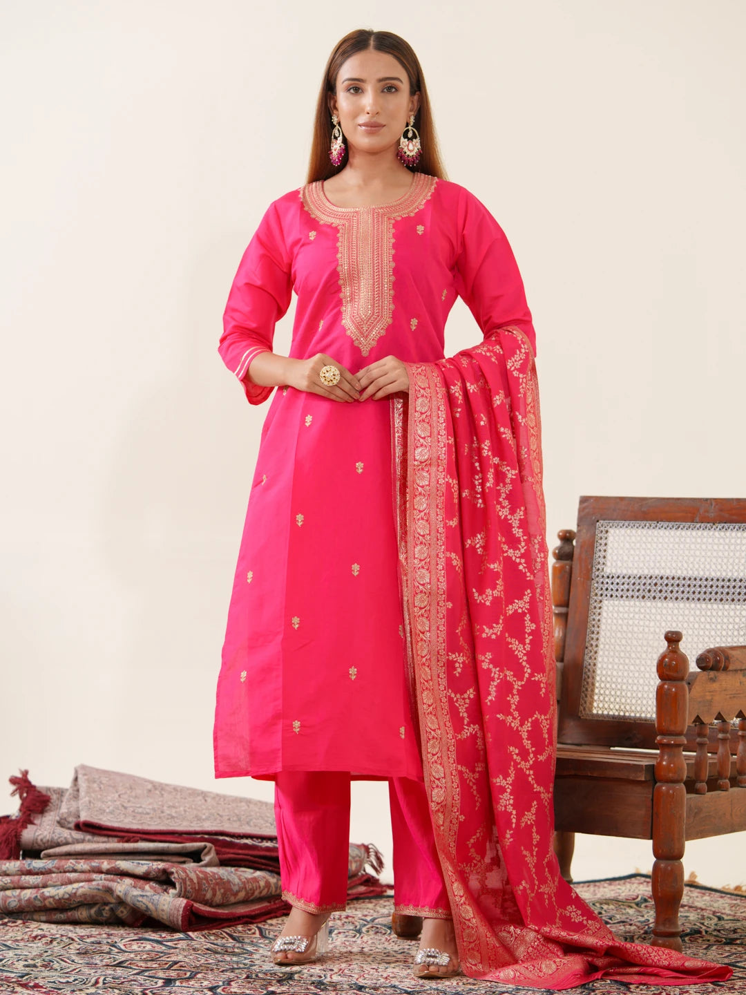 Rani Colour Roman Silk Top Bottom With Jequard Dupatta Set