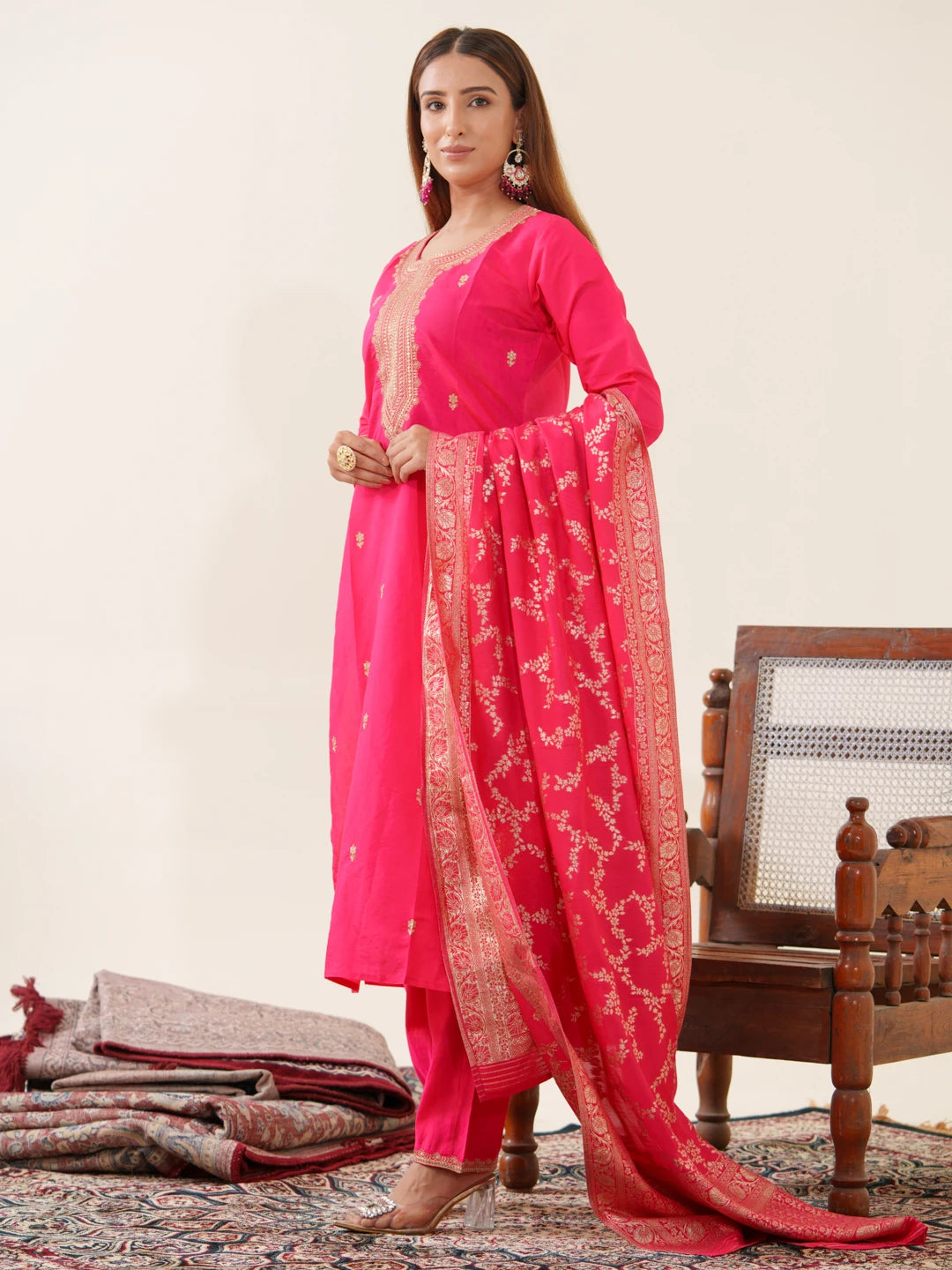 Rani Colour Roman Silk Top Bottom With Jequard Dupatta Set