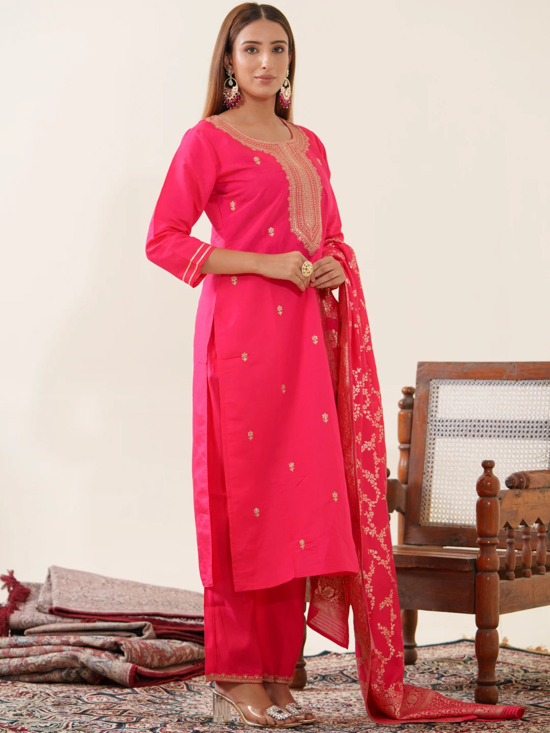 Rani Colour Roman Silk Top Bottom With Jequard Dupatta Set