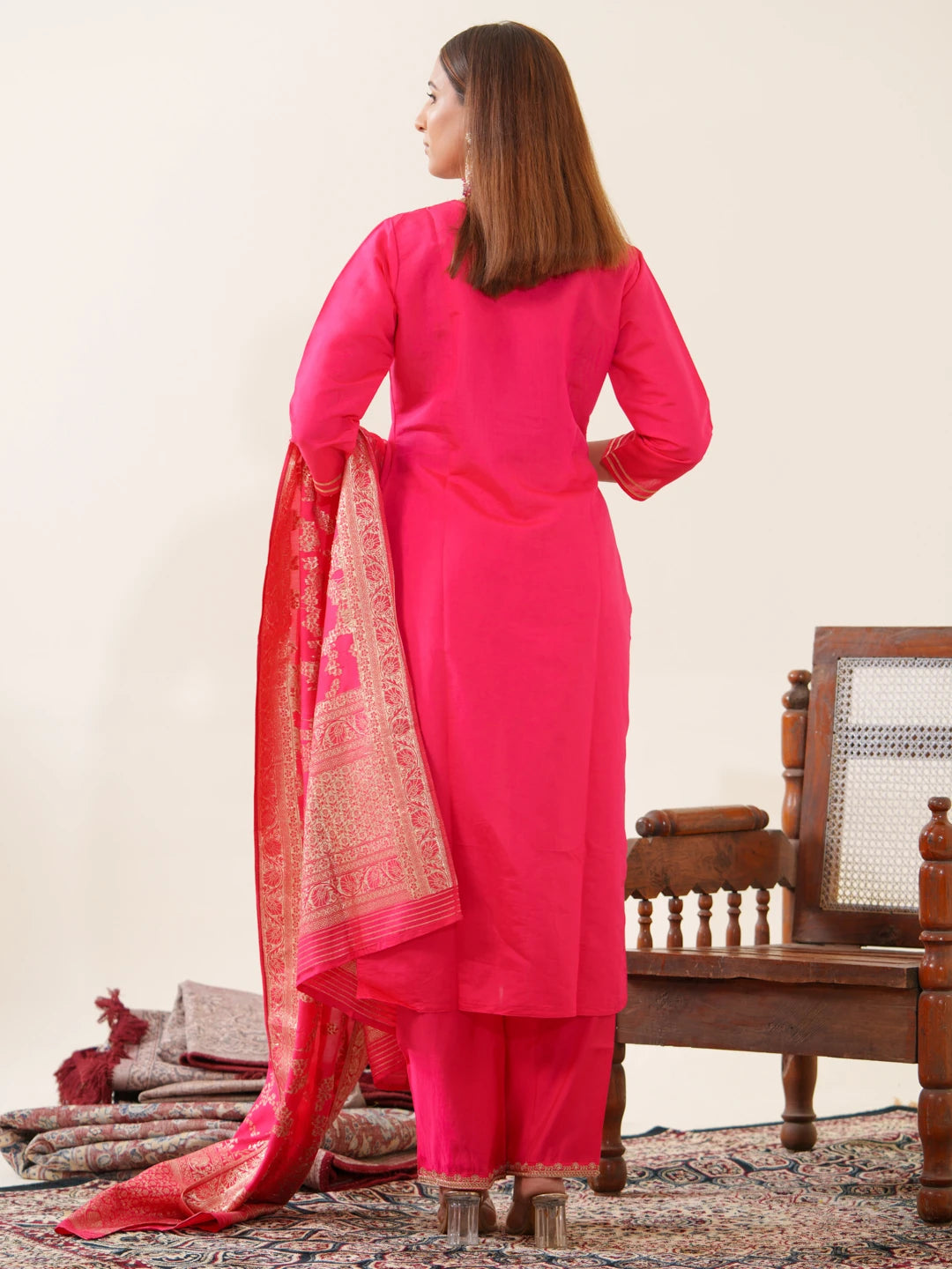 Rani Colour Roman Silk Top Bottom With Jequard Dupatta Set