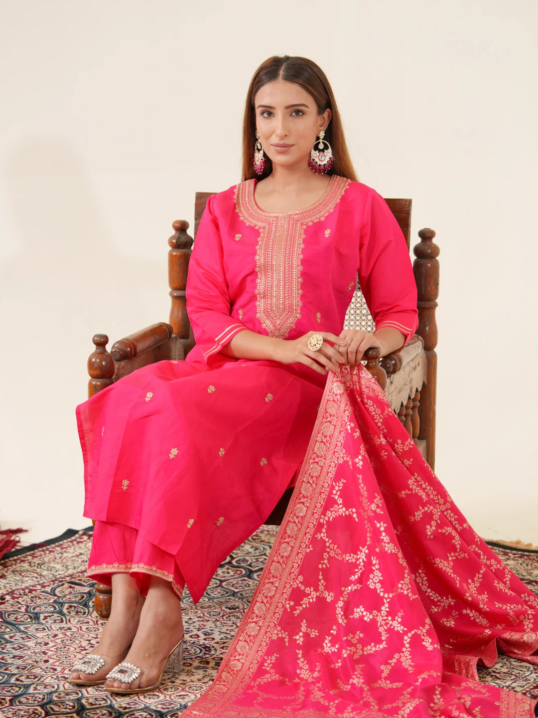 Rani Colour Roman Silk Top Bottom With Jequard Dupatta Set