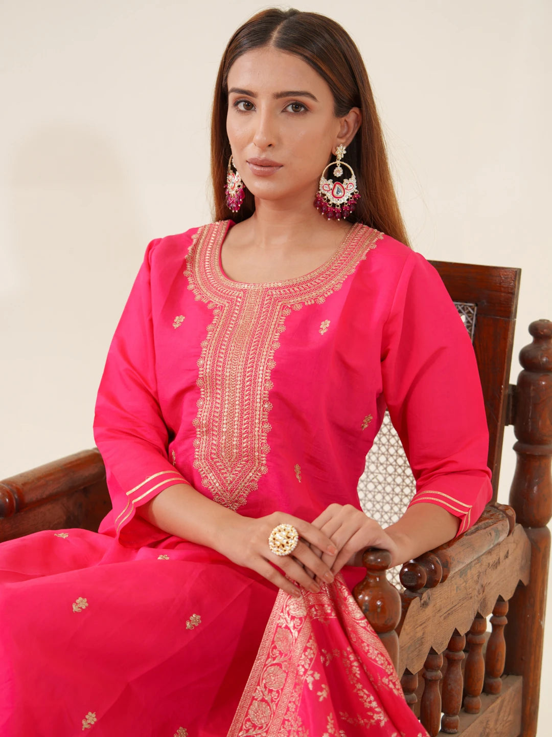Rani Colour Roman Silk Top Bottom With Jequard Dupatta Set