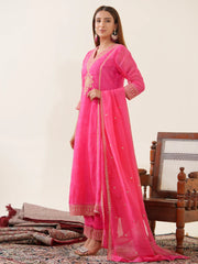 Poly Organza Fabric Pink Colour Top Bottom With Jequard Dupatta Set-MLWSHKS4370PNK