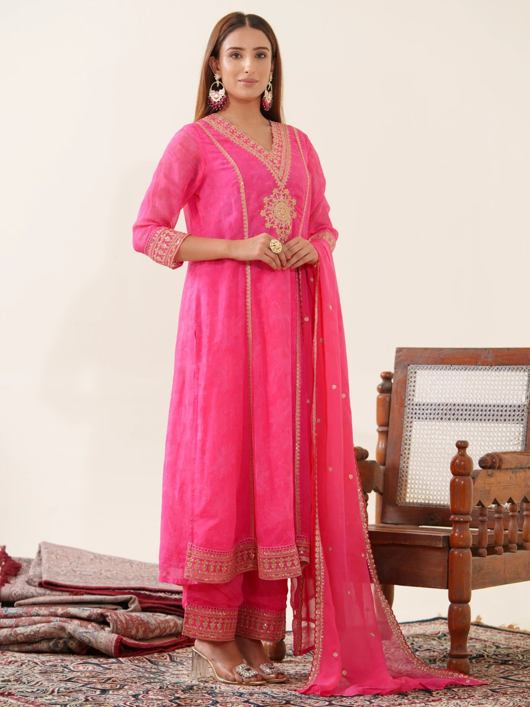 Poly Organza Fabric Pink Colour Top Bottom With Jequard Dupatta Set