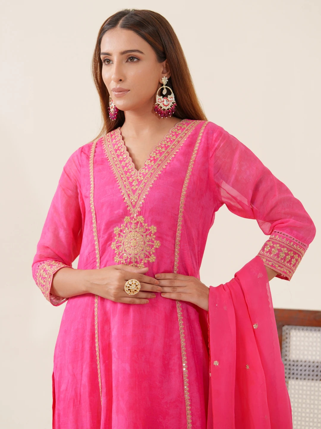 Poly Organza Fabric Pink Colour Top Bottom With Jequard Dupatta Set