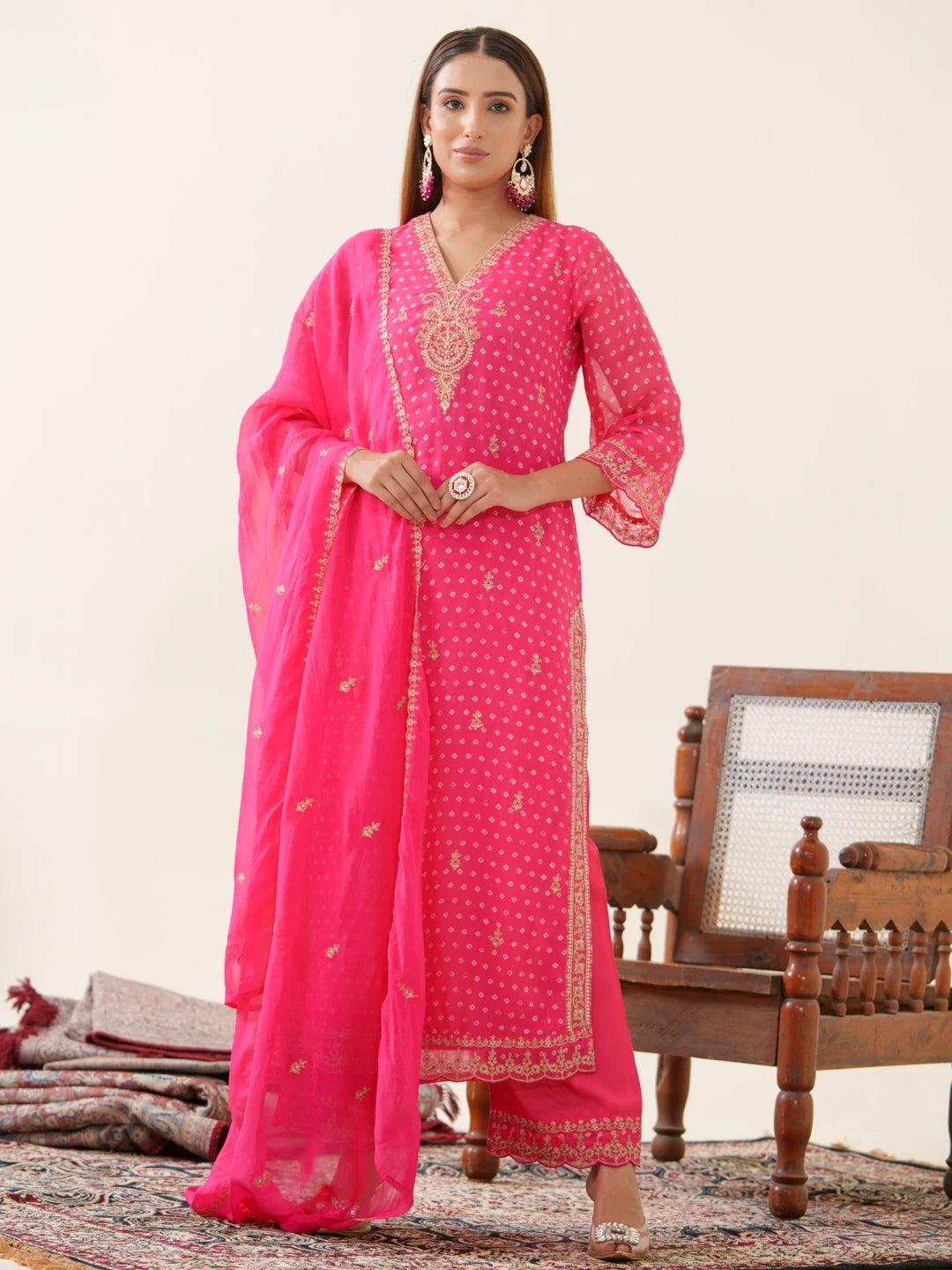 Poly Organza Fabric Pink Colour Top Bottom With Jequard Dupatta Set-MLWSHKS4371PNK
