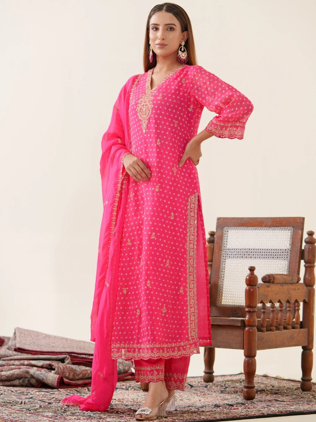 Poly Organza Fabric Pink Colour Top Bottom With Jequard Dupatta Set