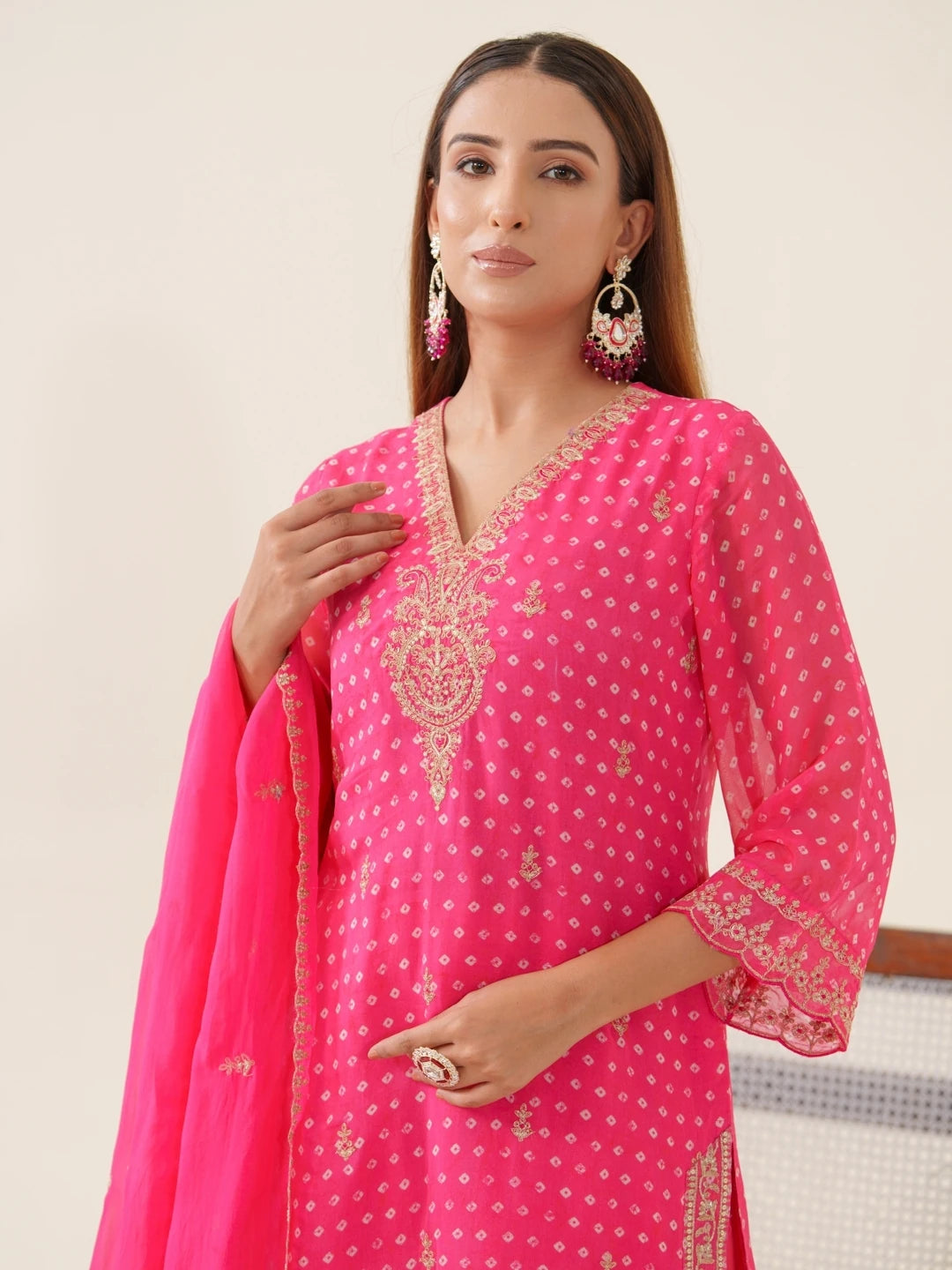 Poly Organza Fabric Pink Colour Top Bottom With Jequard Dupatta Set