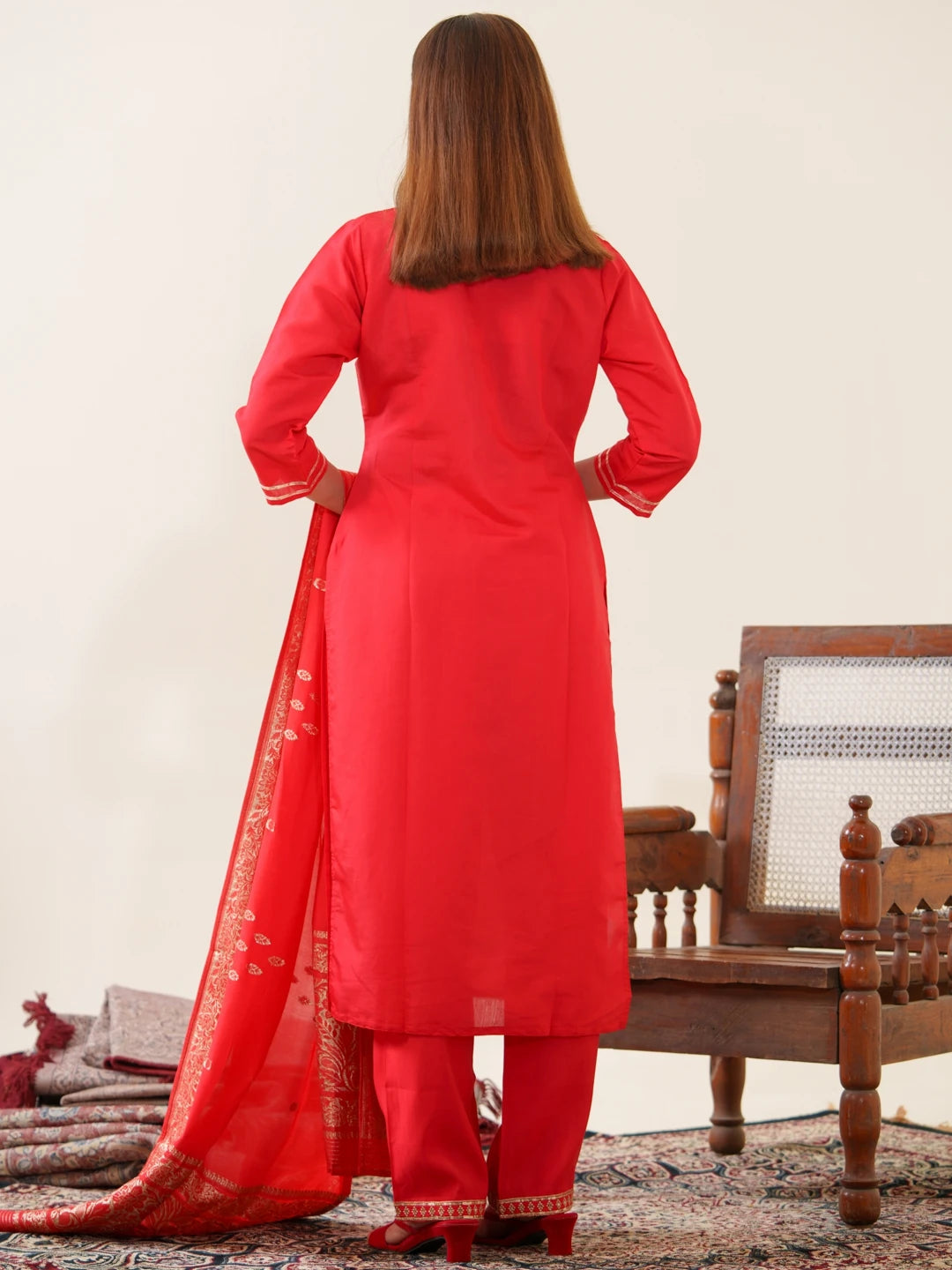 Red Colour Roman Silk Top Bottom With Jequard Dupatta Set