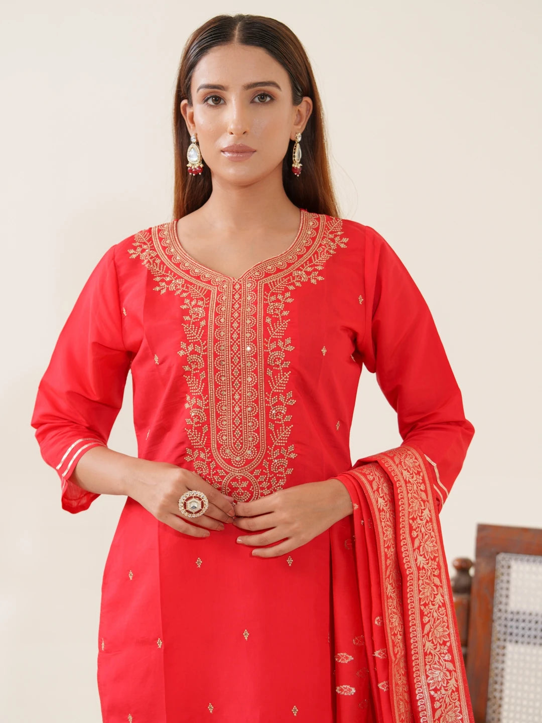 Red Colour Roman Silk Top Bottom With Jequard Dupatta Set