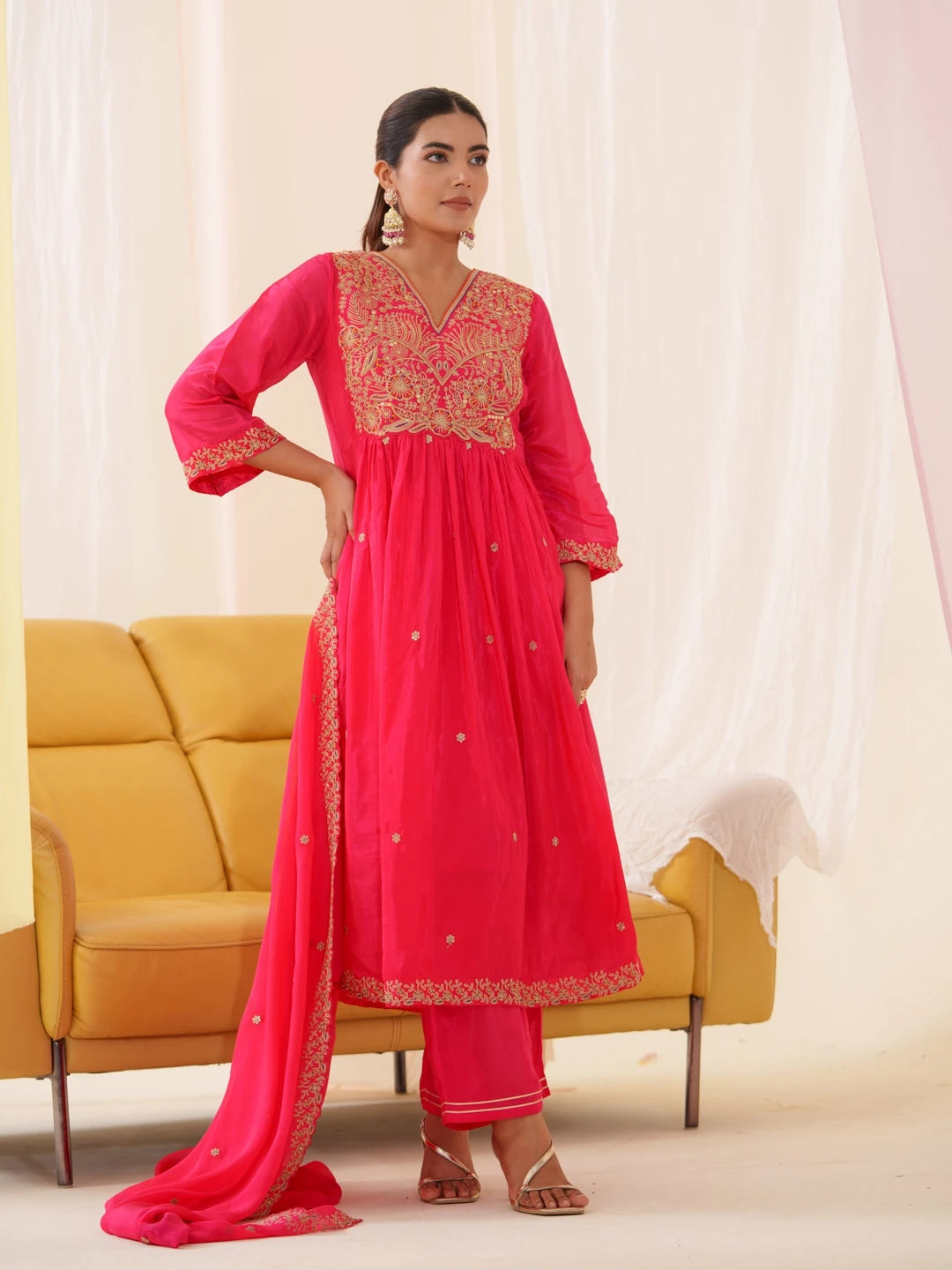 Pink Colour Roman Silk Top Bottom With Jequard Dupatta Set